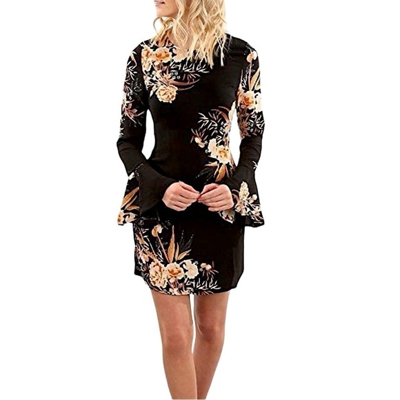 🌸 3/$15 Selfie Leslie Black Floral Lined Crepe Bell Sleeve Mini Dress Large - Picture 7 of 8